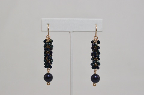 *Shaggy Pearl Earrings in Dark Blues and Gold Enameled Copper